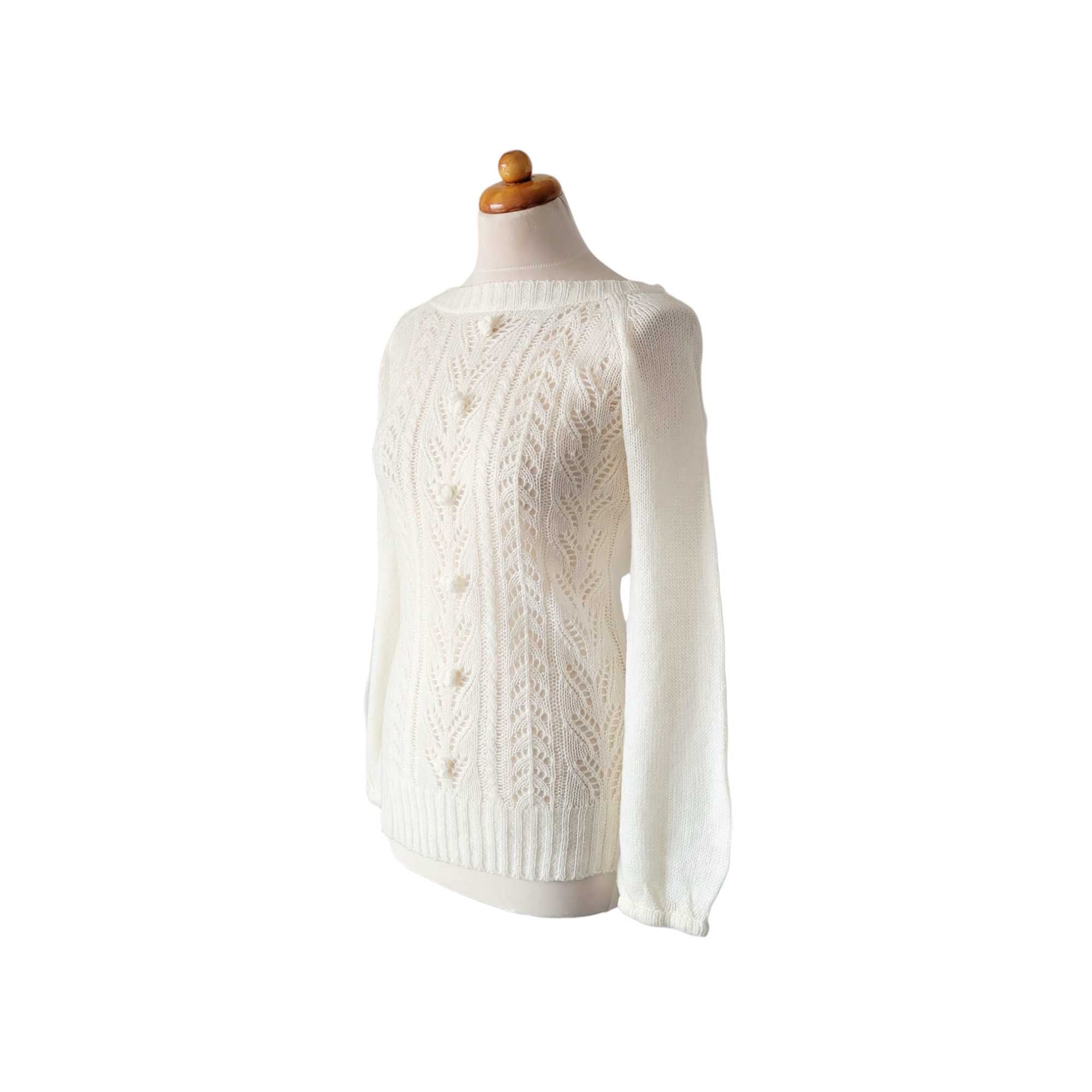 Kremowy ażurowy sweter damski vintage S M plecionki rozszerzane rękawy