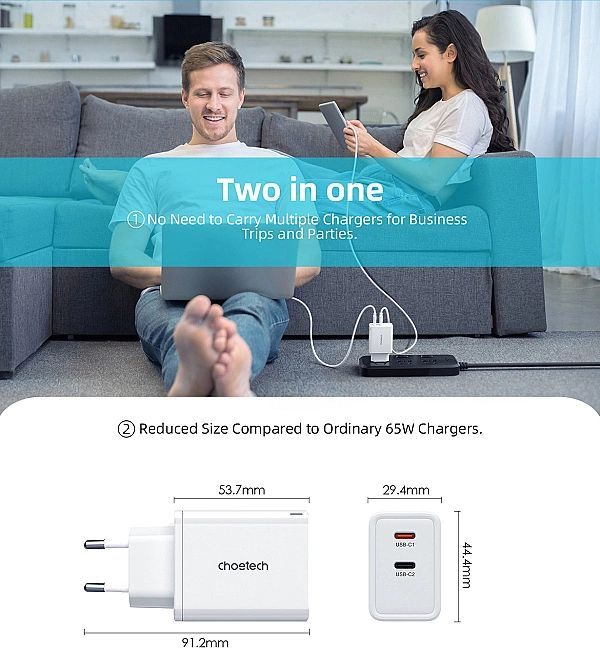 Ładowarka sieciowa Choetech Pd6013/2x Usb-c Pd 65w GaN - biała