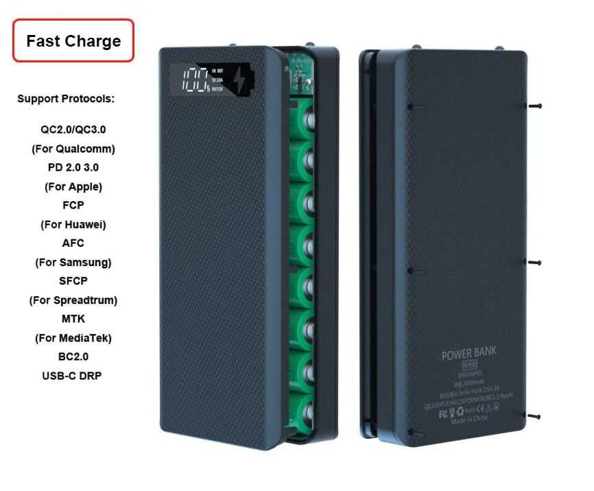 Павербанк корпус для сборки 8*18650 QC PD 3.0 USB Type C на гвинтах