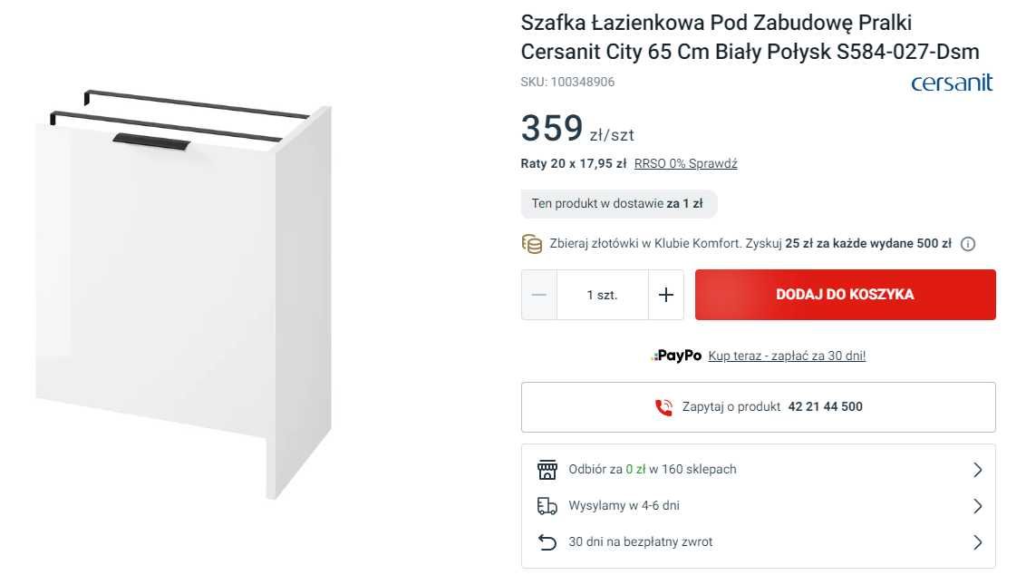 Szafka Łazienkowa Pod Zabudowę Pralki Cersanit City 65 Cm