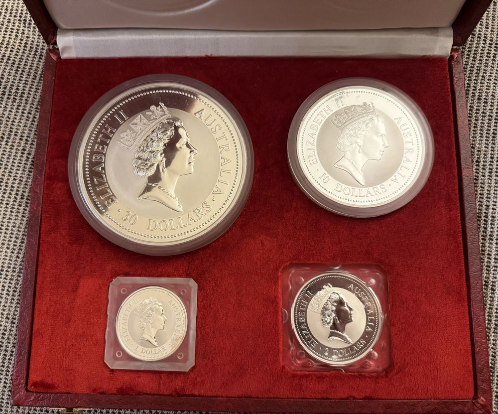 Estojo 4 moedas kookaburra 1997 prata fina (1 kilo, 10 oz, 2 oz, 1 oz)