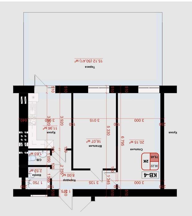 Останні квартири з терасою| 2х кімнатна |