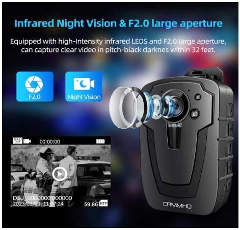 Câmara Corporal CAMMHD C8-32G 1296P com Áudio e Vídeo