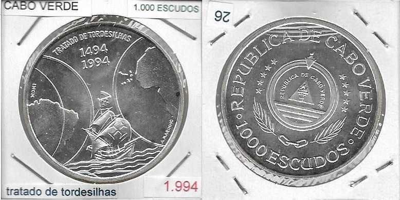 Cabo Verde - 1.000$00 - 1994 - Tratado de Tordesilhas - Moeda de Prata