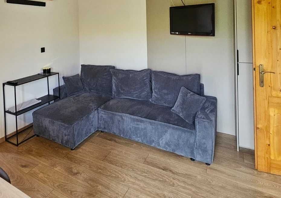 Nowoczesny narożnik z funkcją spania - sztruks antracyt