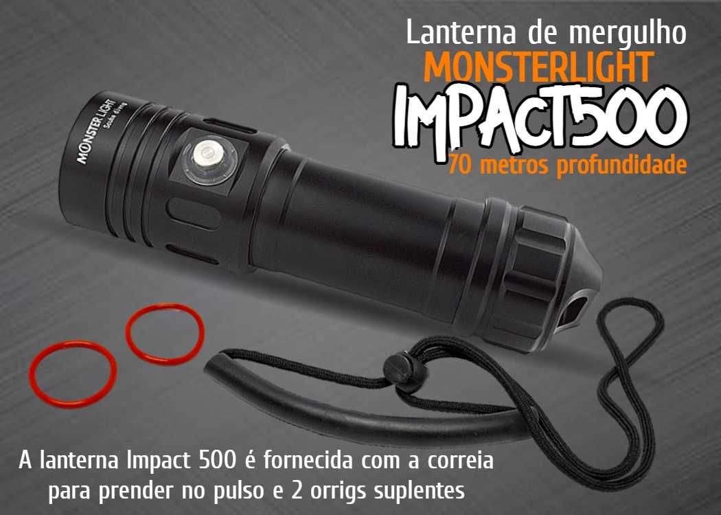 Kit lanterna mergulho MonsterLight Impact 500 bateria recarregável