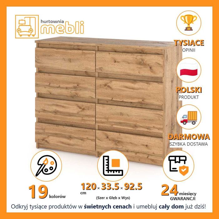 Komoda Nowoczesna Wysoka Hugo 120cm Szafka Do Salonu 8 Szuflad Duża