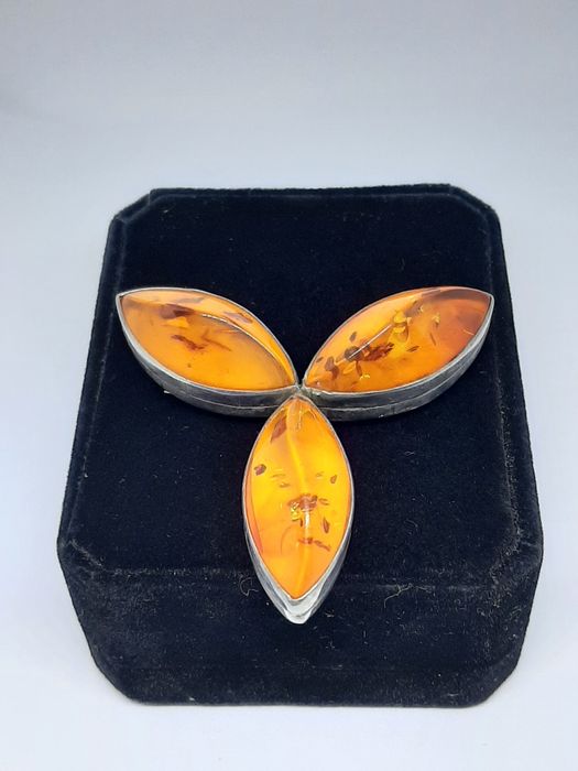 Broszka ze srebra, srebro 925, Kamień Bursztyn