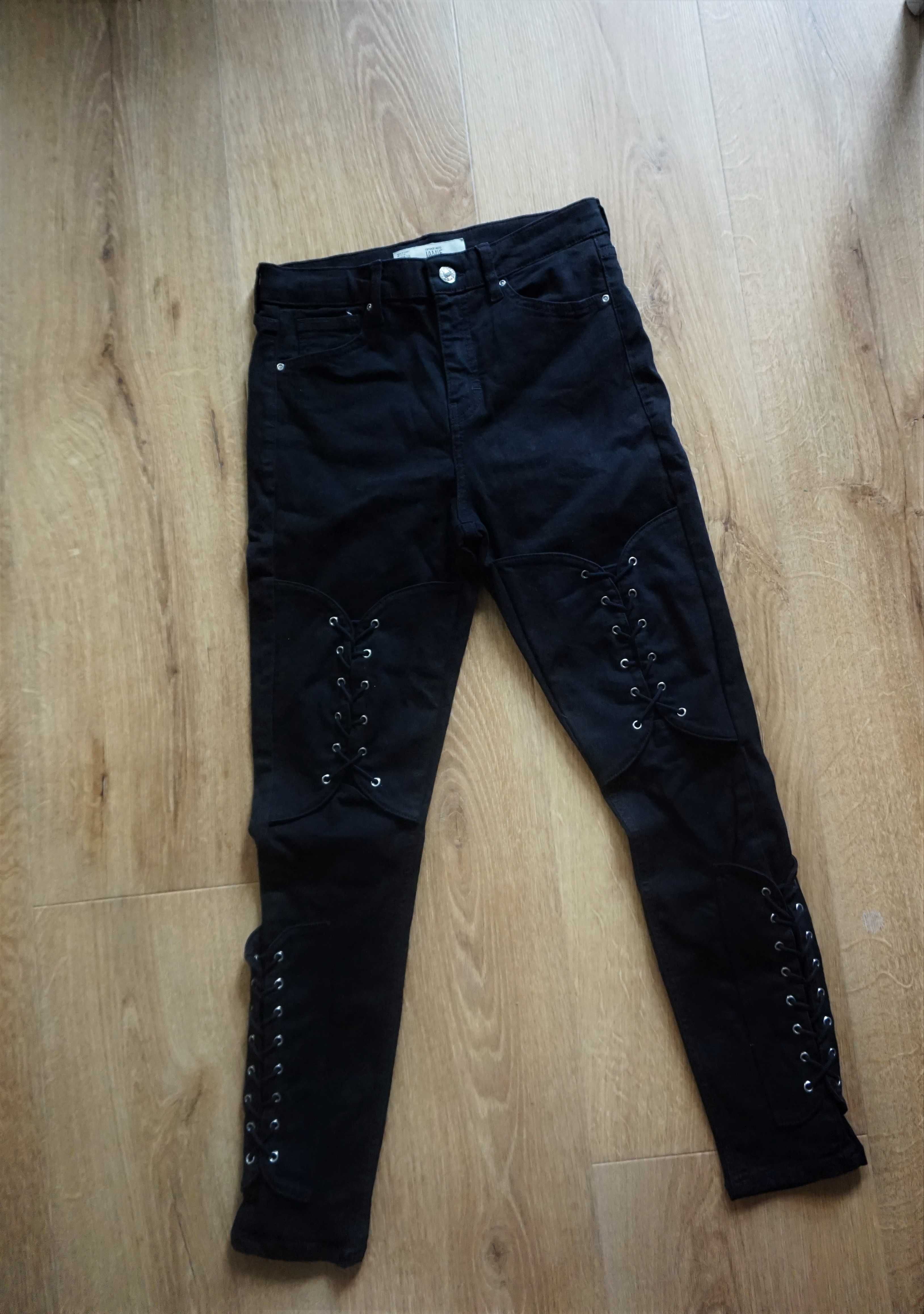 S 36 Topshop Jamie czarne spodnie jeansowe rurki wiązania rock W28 L30