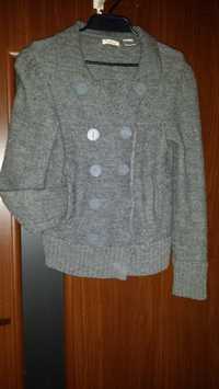 Sweter rozpinany kardigan wełniany 100% z kieszeniami szary 36/38 S/M