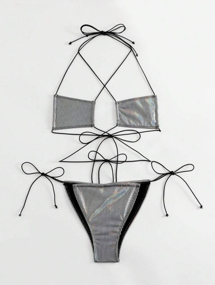 Strój kąpielowy bikini holograficzny srebrny wiązany bondage sexy