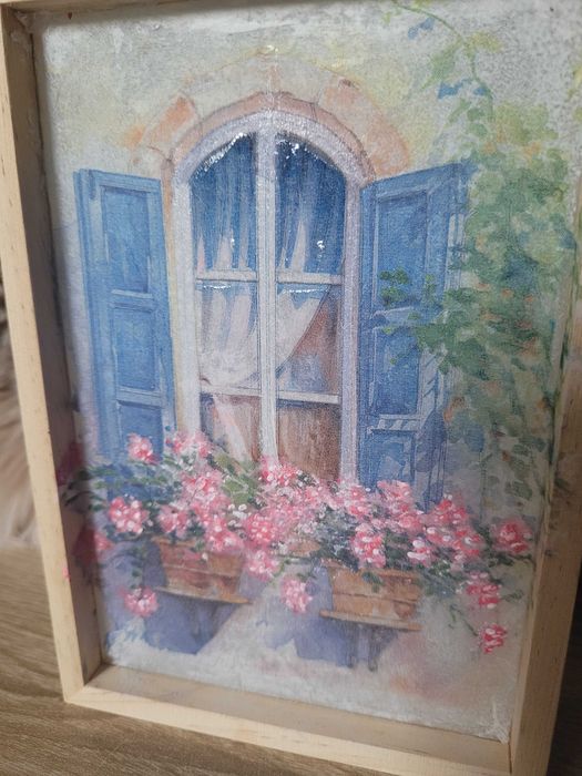 Obrazek w ramce – okno z kwiatami, styl prowansalski