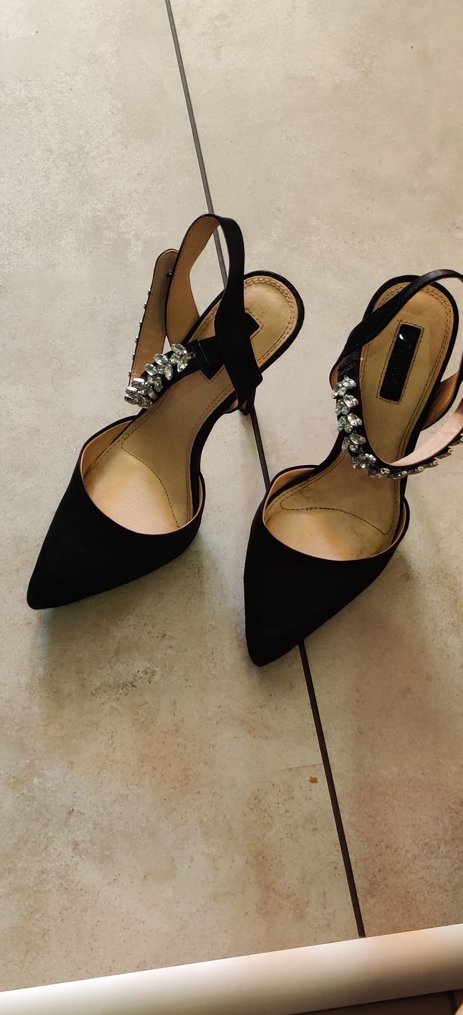 Czarne buty na obcasie szpilki 10cm z szkiełkami Zalando Topshop