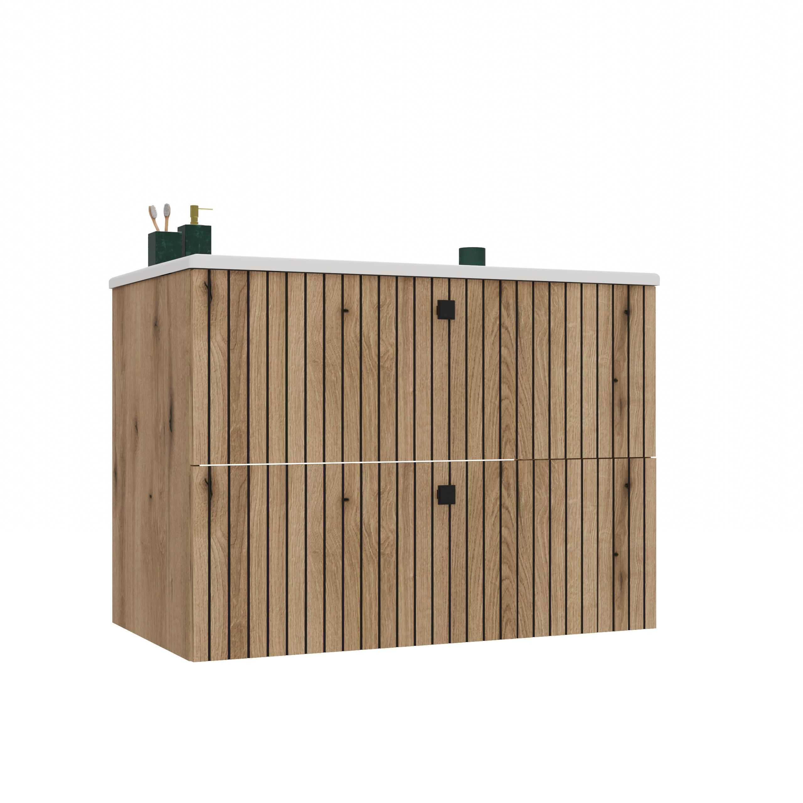 SZAFKA Pod Umywalkę TIGO 80 2S Ryflowany Front + Umywalka DĄB EVOKE