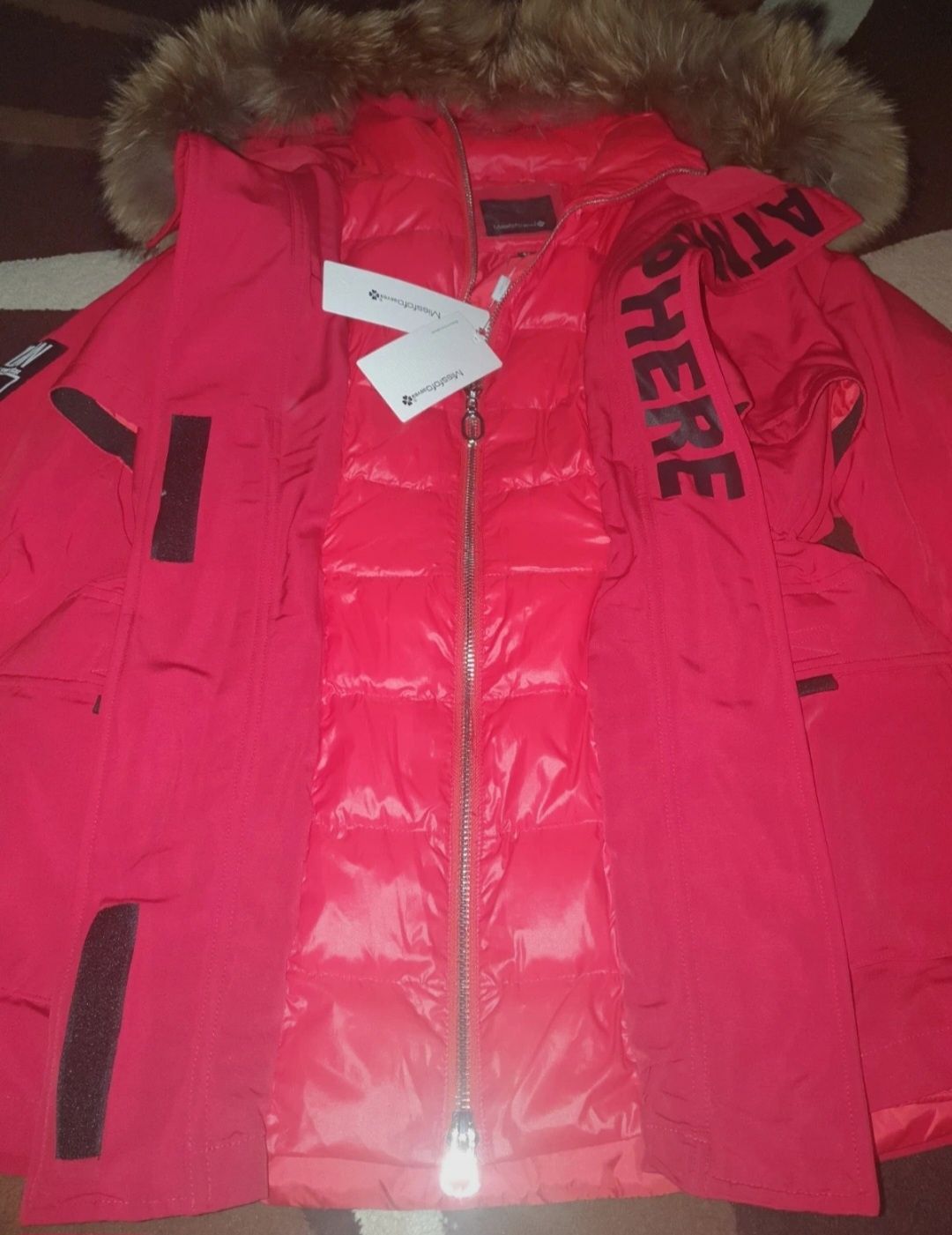 Czerwona zimowa kurtka z naturalnym jenotem Miss fofo rozmiar 42 XL