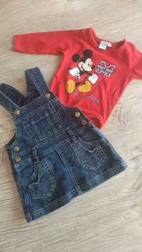 Sukienka ogrodniczka jeansowa + body czerwone Mickey 68 cm