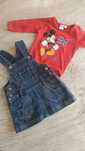 Sukienka ogrodniczka jeansowa + body czerwone Mickey 68 cm