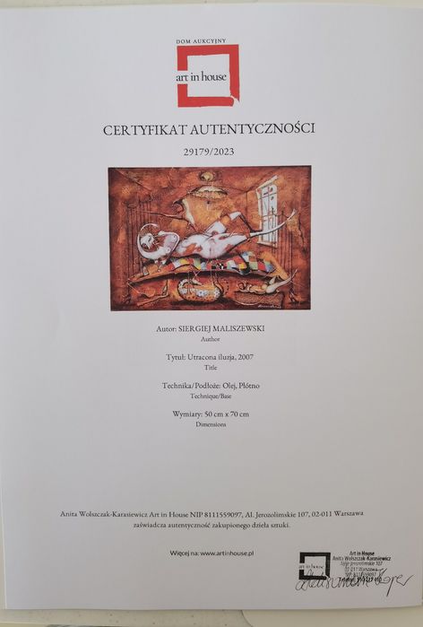 Obraz olejny S. Maliszewskiego "Utracona iluzja" 50x70cm