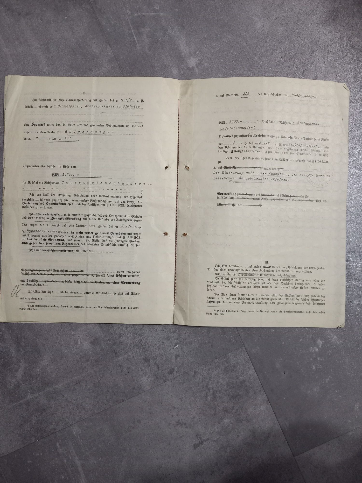 Stary niemiecki dokument hipoteki - 1939 rok