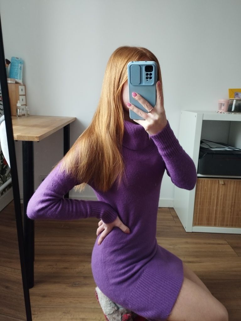 Sukienka mini fioletowa z długim rękawem, S 36. XS 34. Wełna, bawełna,