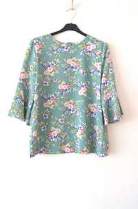 zielona elegancka bluzka falbanka szerokie rekawy w kwiaty 42 XL 40 L
