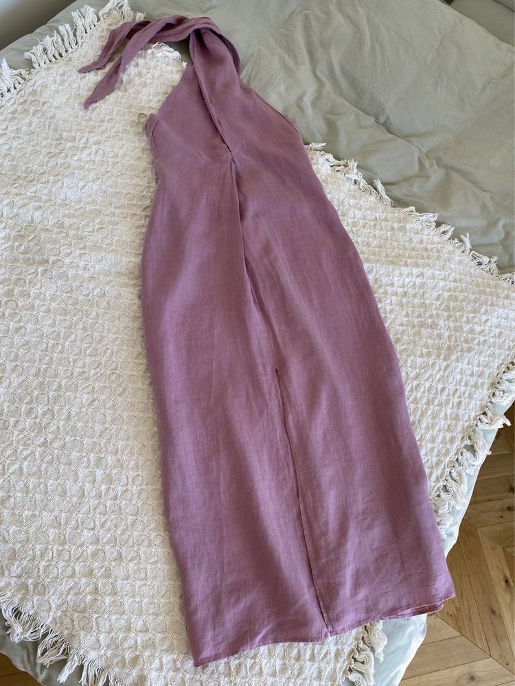 HIT viralowa lniana 100% liliowa sukienka ZARA 36 S dekolt halter