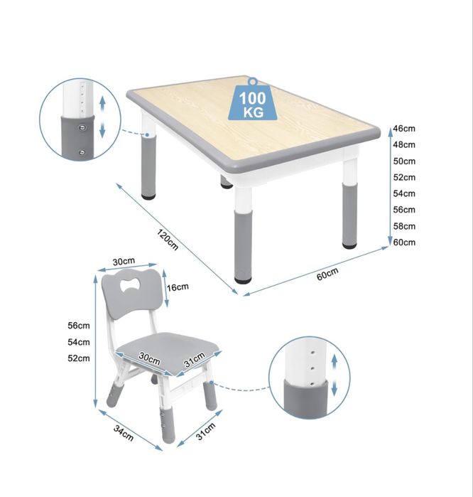 Stół stolik dla dzieci z 4 krzesłami regulowana wysokość 120x60cm