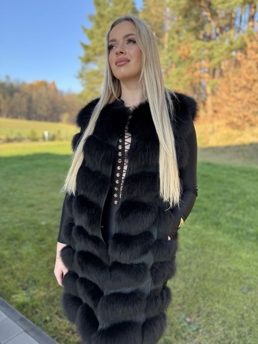 Kamizelka m/l z lisa czarnego naturalne futro damska długa rzędowa