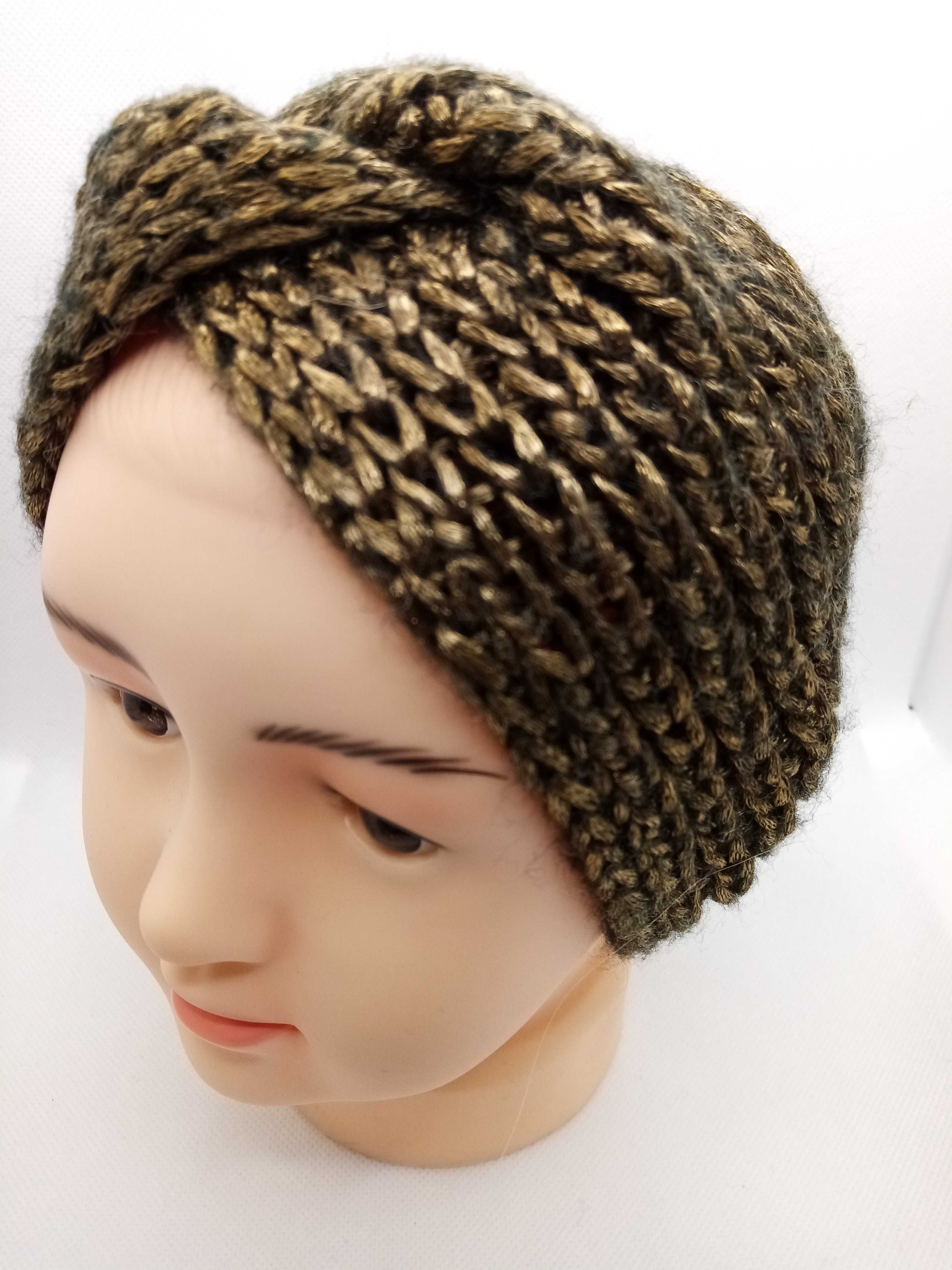 Damska, beżowo-złota opaska-turban; handmade