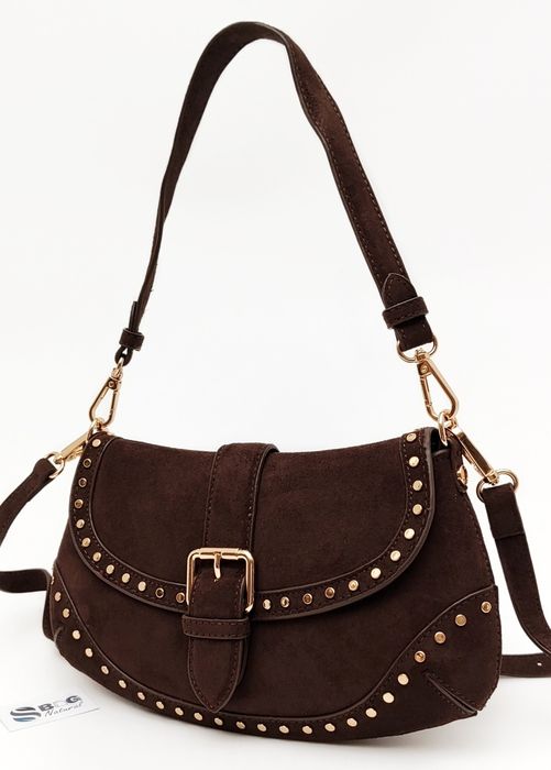 Torebka Flora & CO Paris Zamsz Brązowa Czekoladowa Ćwieki Listonoszka