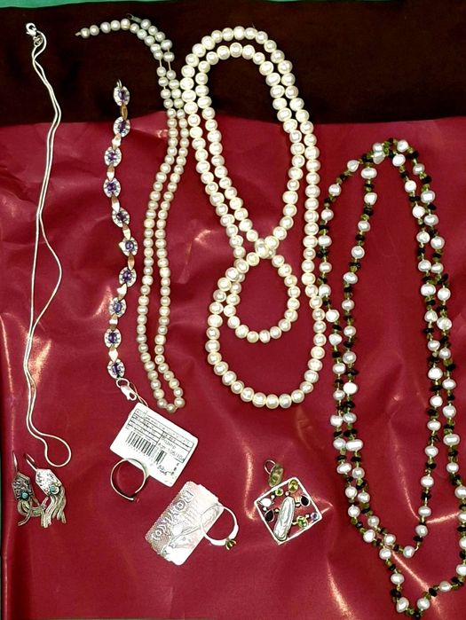 Серьги, кольца серебро, браслет аметисты, бусы жемчуг