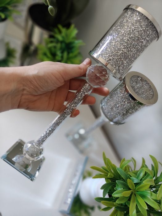 Wysoki świecznik na nóżce z kryształkami Glamour wys. 30cm