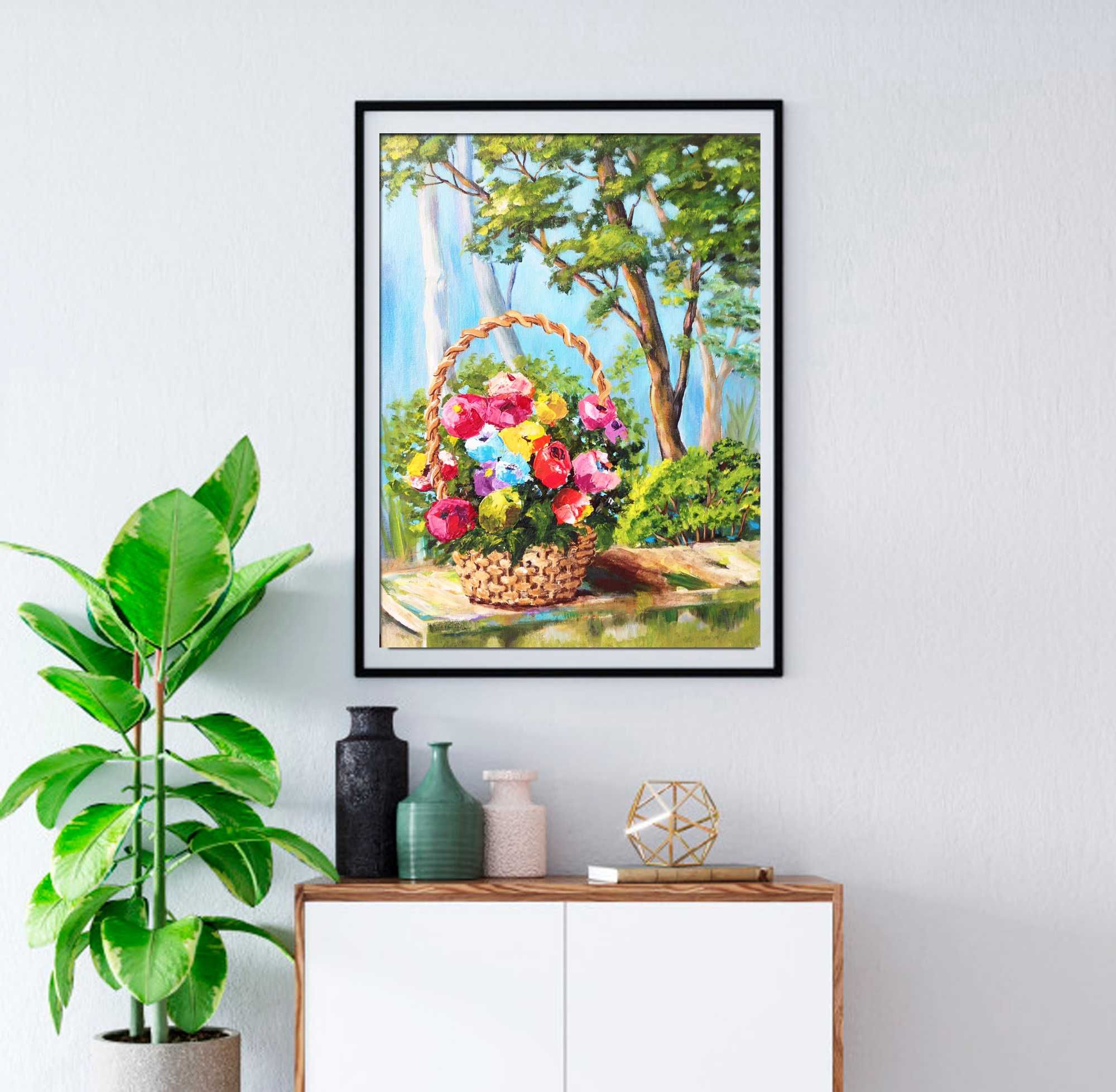Картина цветы - Пейзаж с корзиной цветов холст на картоне 30 х 40 см