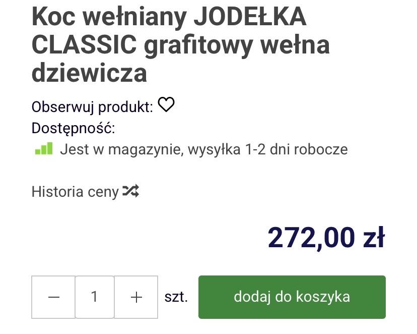 Koc wełniany JODEŁKA CLASSIC grafitowy wełna dziewicza