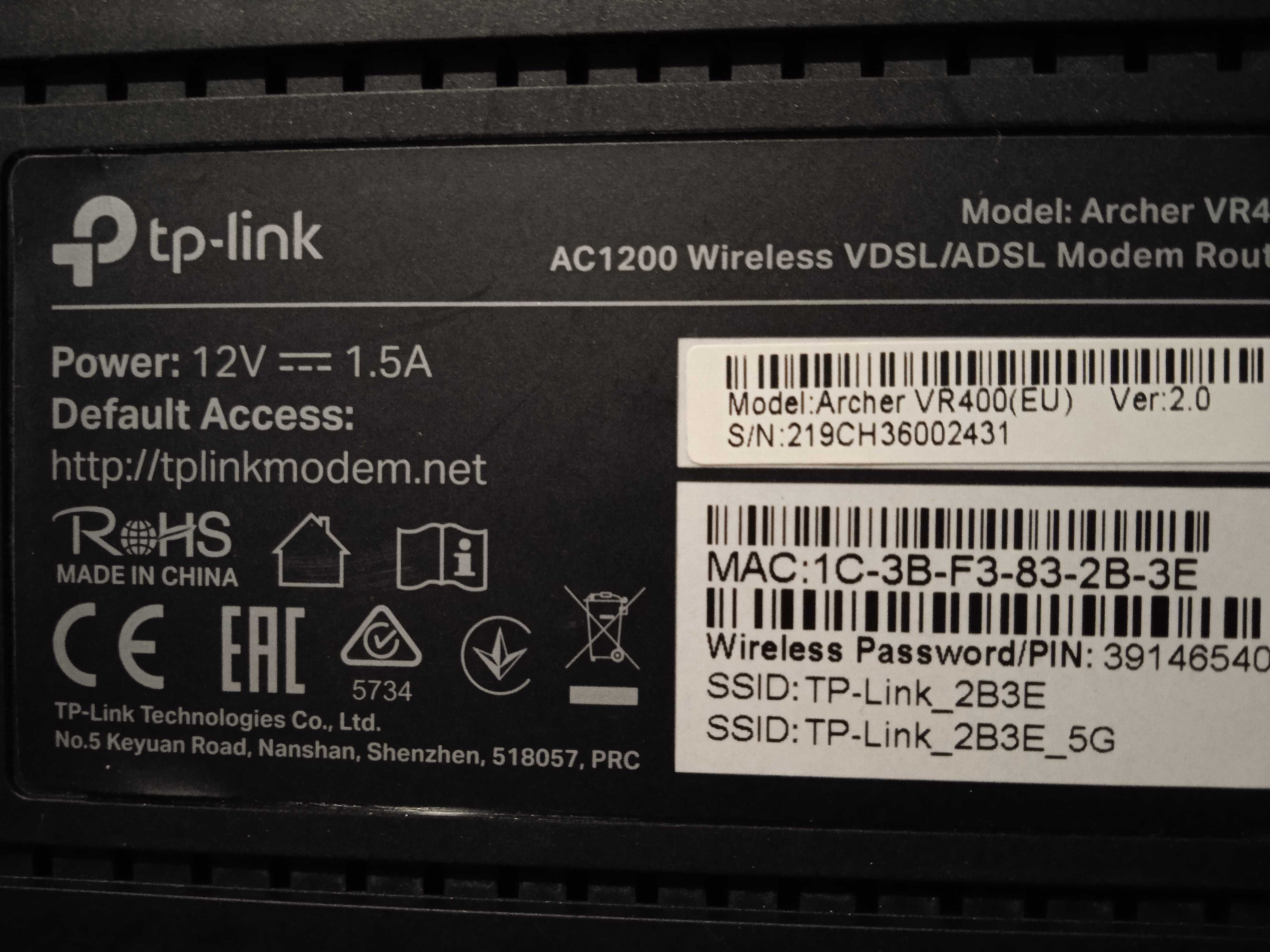 RuterTP-Link Archer VR400 AC1200 WiFi DualBand 5Gbit  ModemRouter