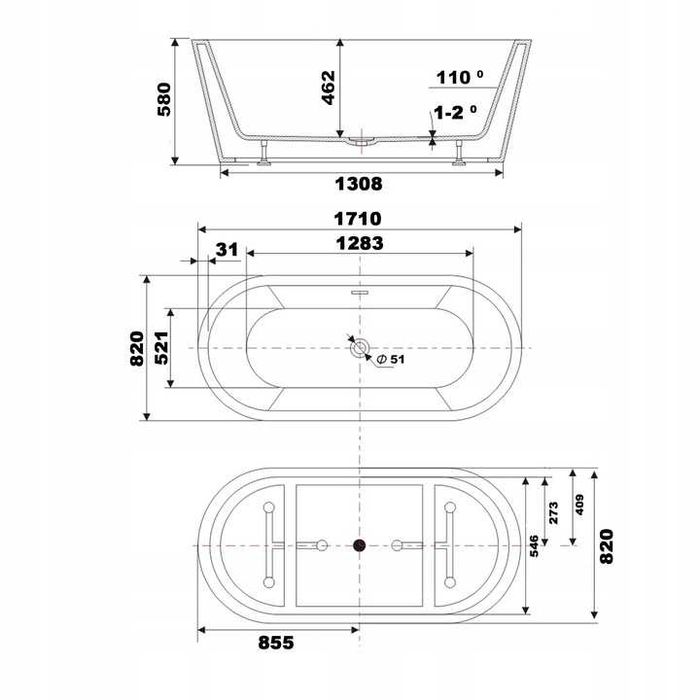 BRAIDER Akrylowa Wanna Wolnostojąca CANNEA 170 x 80 cm Biała