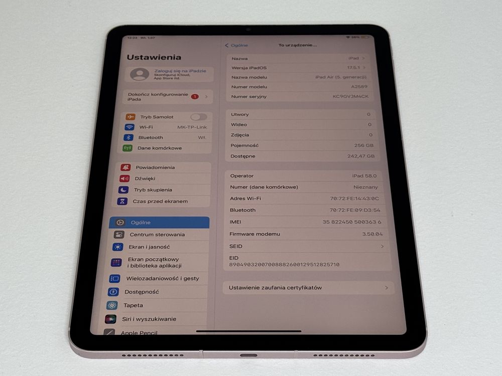iPad Air 5 (A2589) - 256GB - Cellular - Apple M1 - faktura VAT 23%