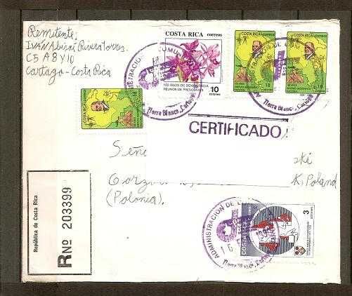 List lotniczy polecony z Kostaryki. rok 1990