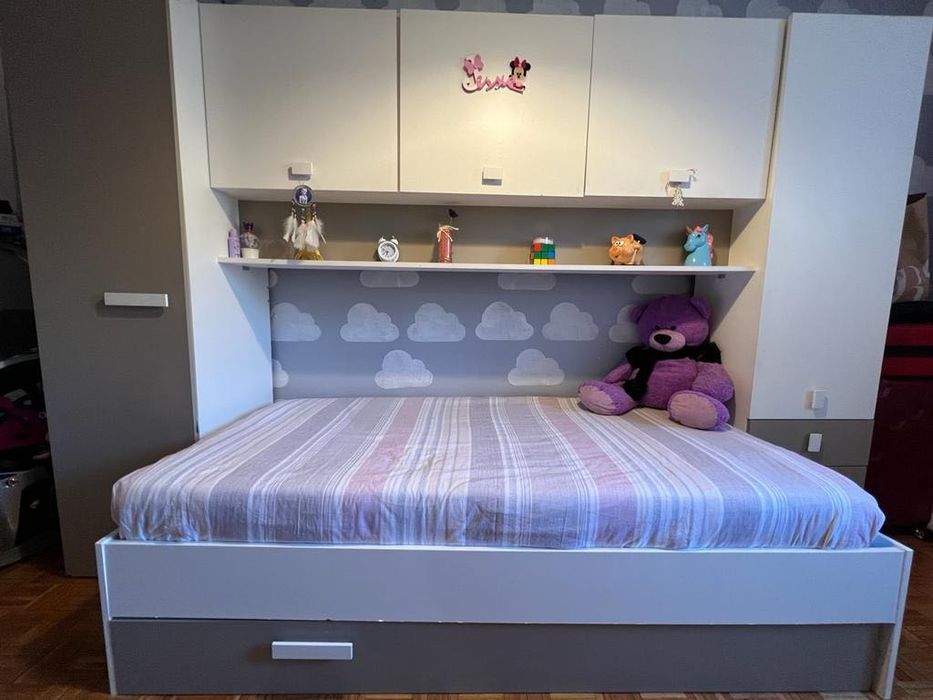 Conjunto cama de criança com ponte + estrado + colchão