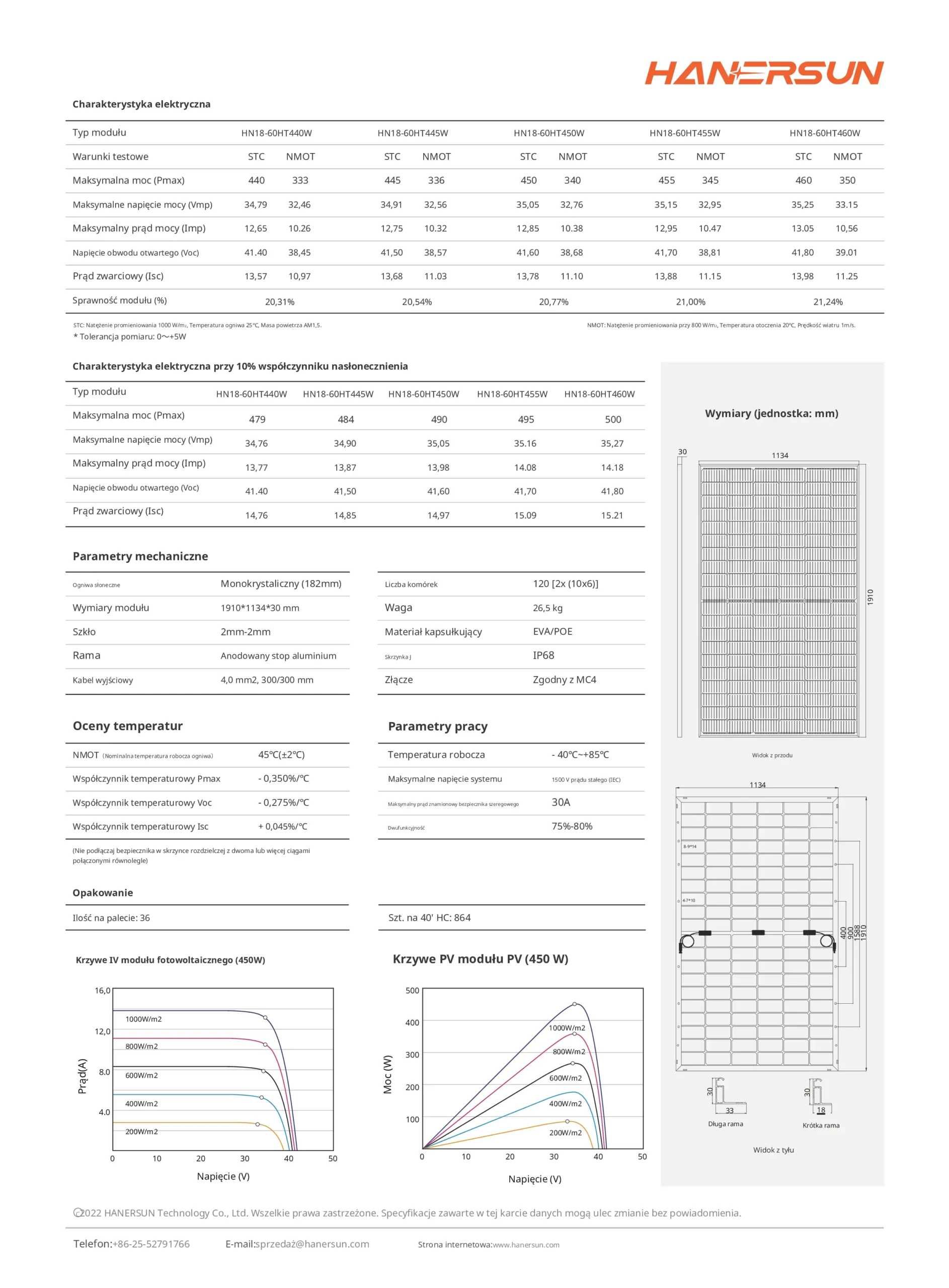 Moduł fotowoltaiczny Hanersun Bifacial 450W Srebrna rama FLAT SCREEN