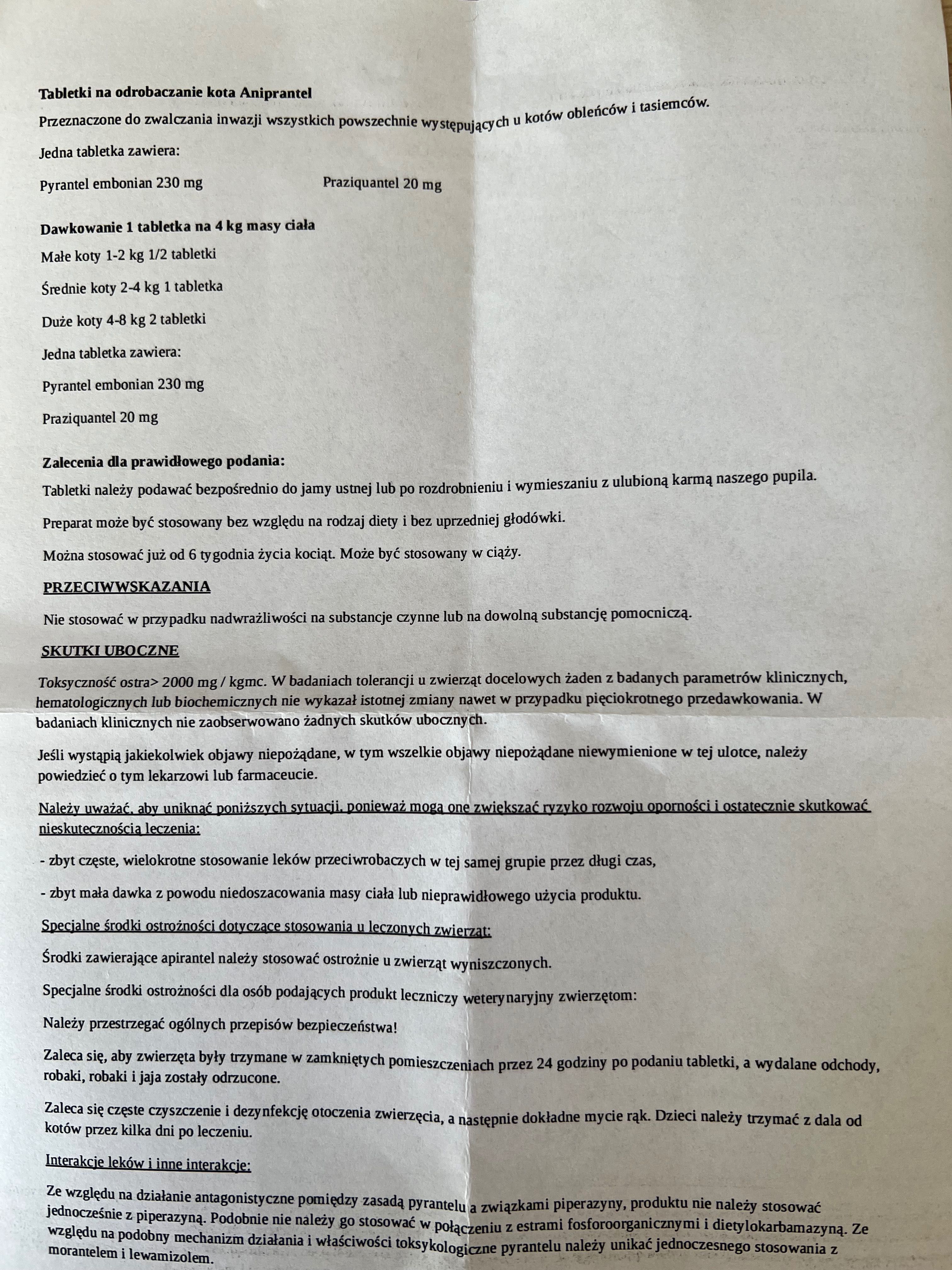 tabletki na odrobaczenie kota Aniprantel Cat 230/20 4 sztuki