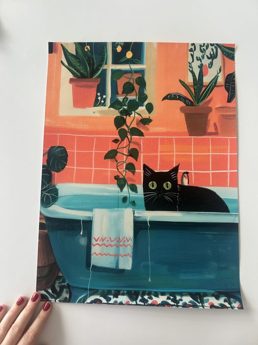 Plakat A4, retro, vintage, kotek w wannie, ozdoba do łazienki, 20/30cm