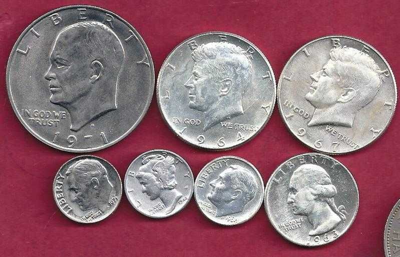 Lote de 7 Moedas EUAmerica de Prata e  Niquel