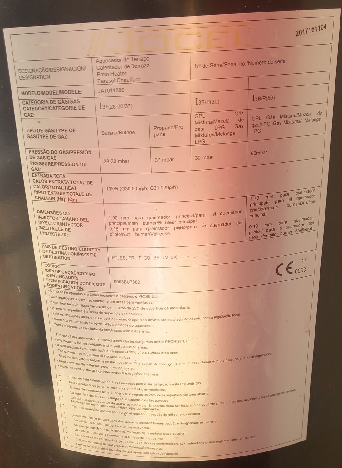 Aquecedor de exterior a gás marca Jocel