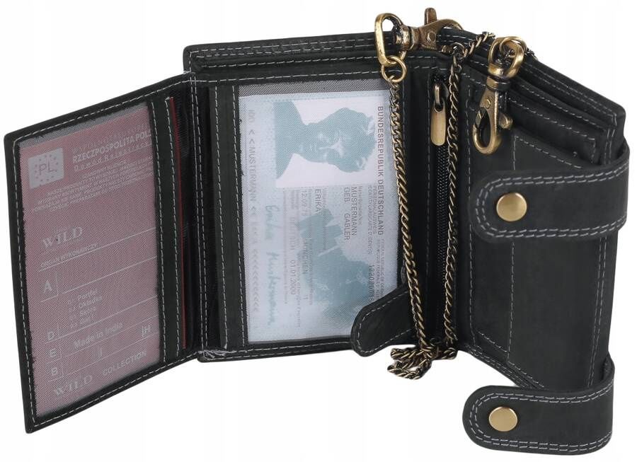 atrakcyjny, skórzany portfel męski z mosiężnym łańcuchem - always wild