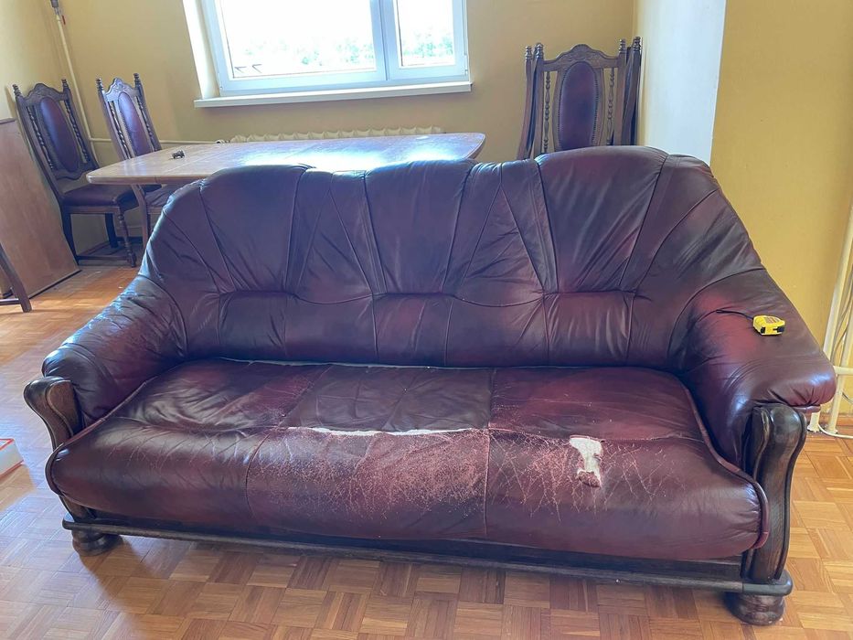 Wypoczynek skórzany kanapa skórzana rozkładana 2 fotele skórzane pufa