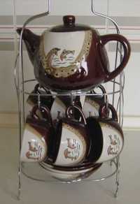 Conjunto de chá em porcelana para 6 pessoas - Inclui suporte cromado