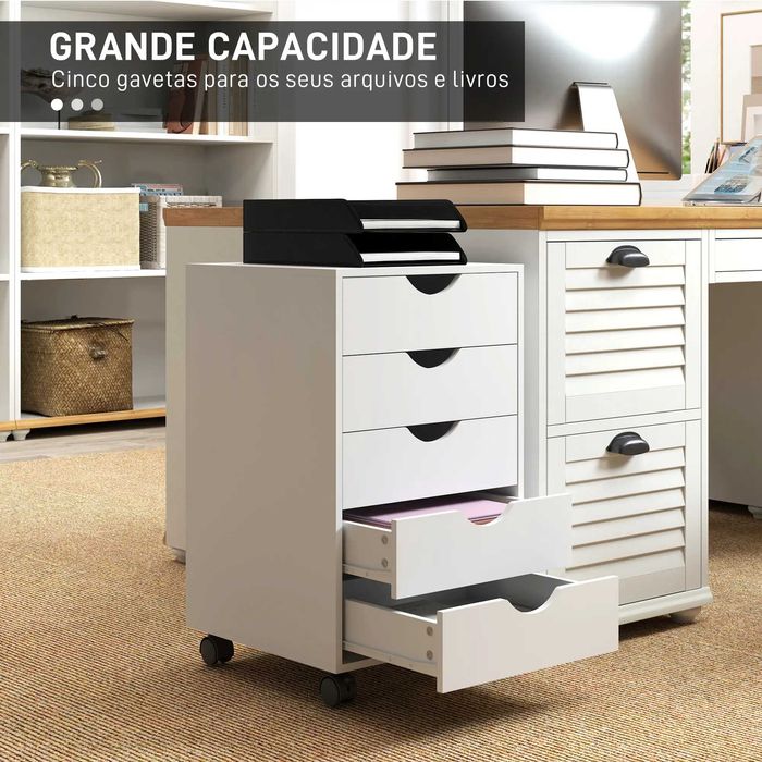 HOMCOM Bloco de Gavetas com Rodas 5 Gavetas 40x40x67 cm Branco