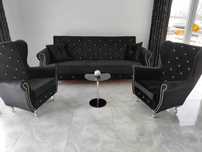 SUPER Kanapa Sofa rozkładana Zestaw mebli z Fotelem Glamour kryształ