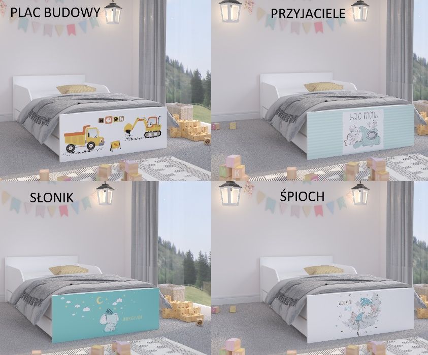 Łóżko dziecięce młodzieżowe PUFI 180x90 PROFILOWANY BOK materac+szufl